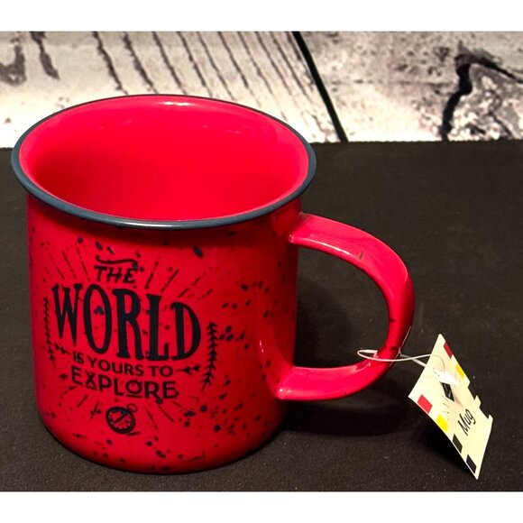 Red Speckled Enamel Camping Mug - The World Is Yours To Explore - 12 Oz Dishwash - Picture 7 of 8